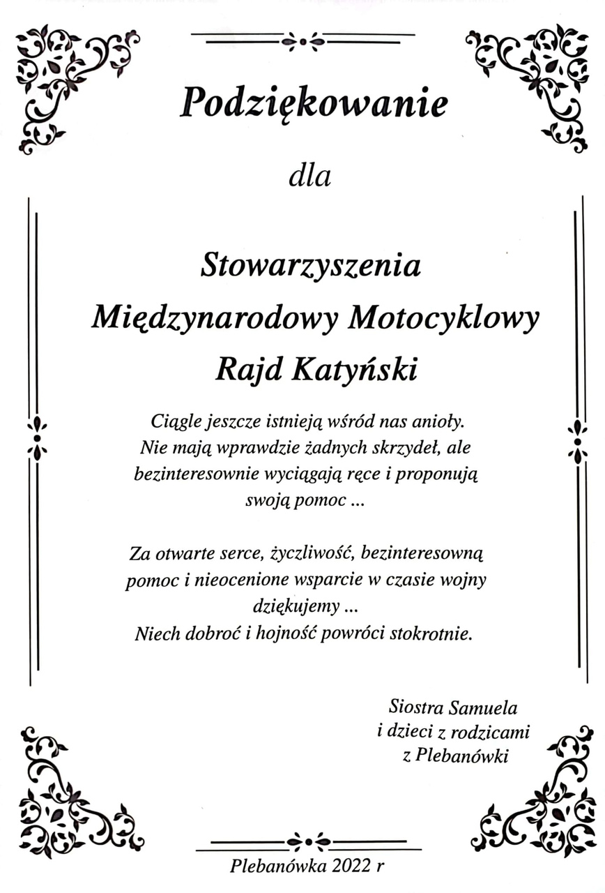 Podziękowanie Plebanówka 1